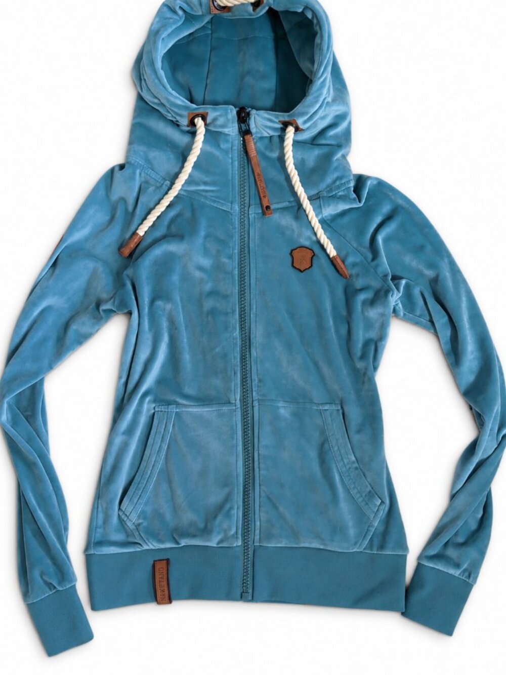 Naketano Women's Light Blue/Turquoise Velvet Hooded Zip Sweatshirt Size Small